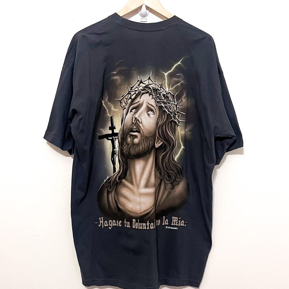 Vintage Jesus Christ Crown Of Thorns Graphic Tee T Shirt Size‎ 2XL Gray Cross